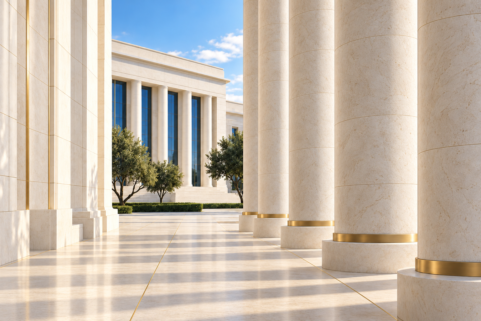 Realistic ivory limestone pillars with restrained gold accents framing a sunlit institutional courtyard