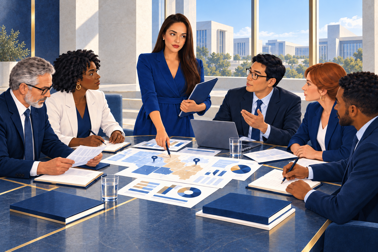 Illustration of a woman chairing a mixed-gender institutional meeting, directing discussion of a governance plan