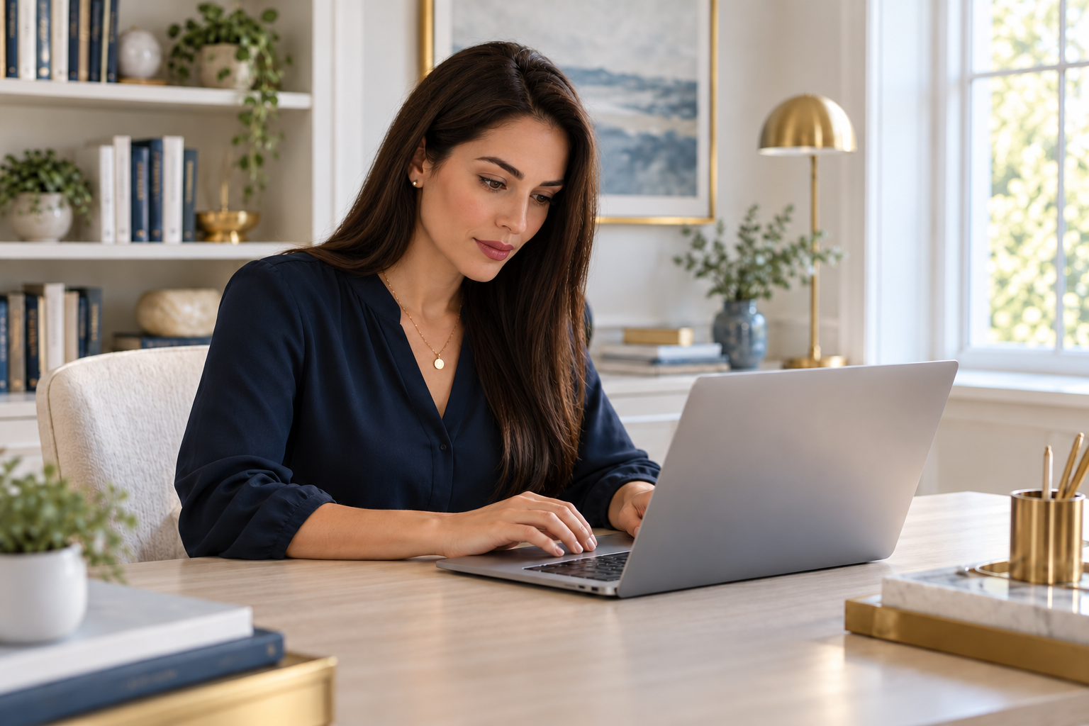 Woman working on a laptop during an online course