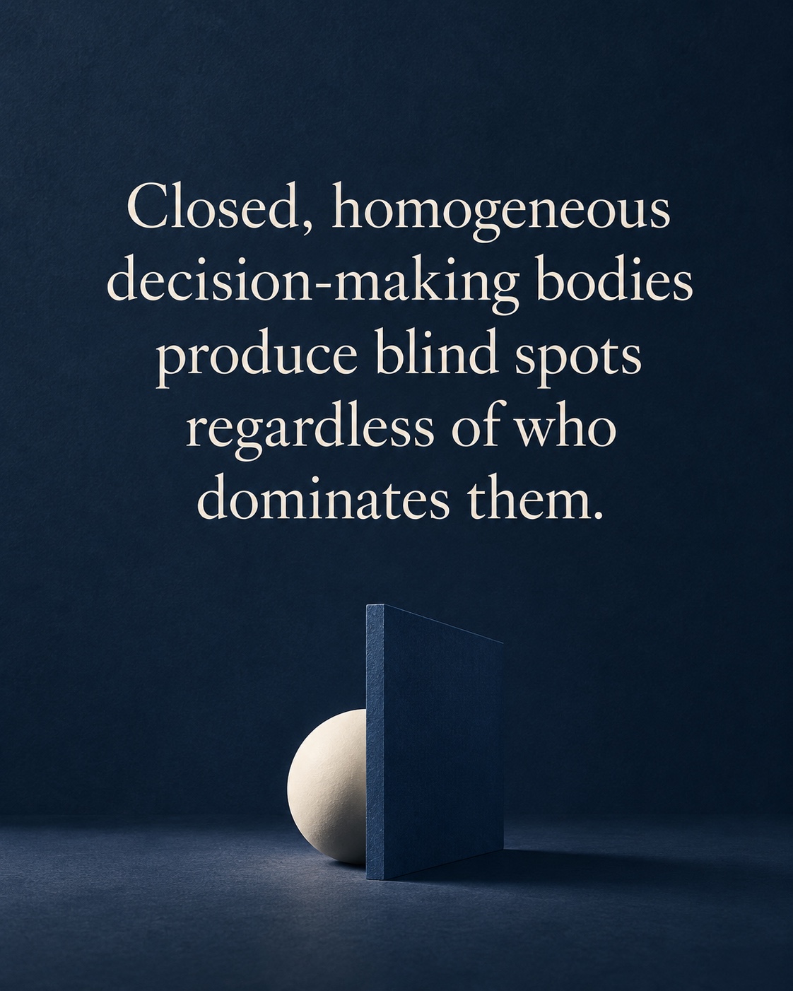Closed, homogeneous decision-making bodies produce blind spots regardless of who dominates them. A navy panel partly obscures an ivory sphere in a dimensional blue setting.