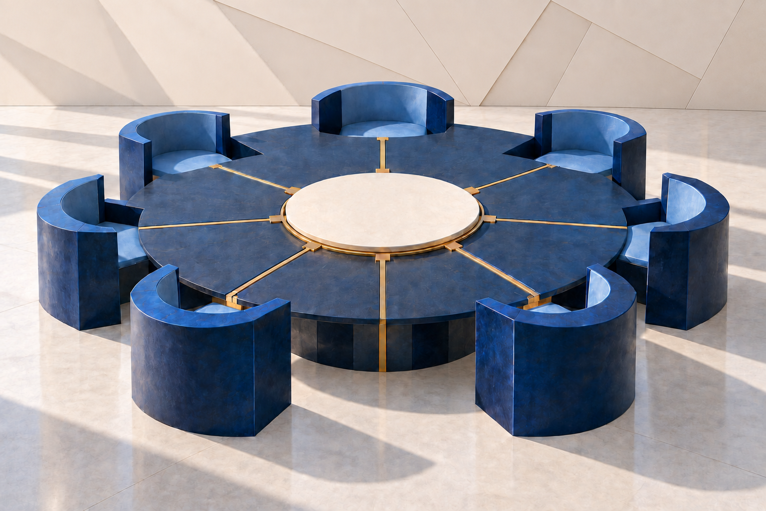 Conceptual illustration of a blue circular negotiation table and seats inside a contemporary ivory, blue and gold institutional building.